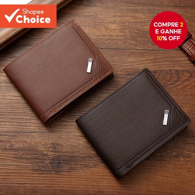 Carteira Bifold De Couro PU Minimalista Masculina  Curta Simples Com Compartimentos Para Cartões , P