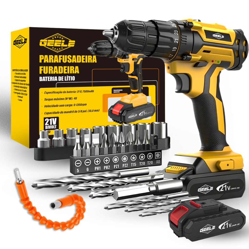 Parafusadeira Furadeira a Bateria 21V Profissional Com bateria+Jogo 10 Brocas 6 – 30 MM