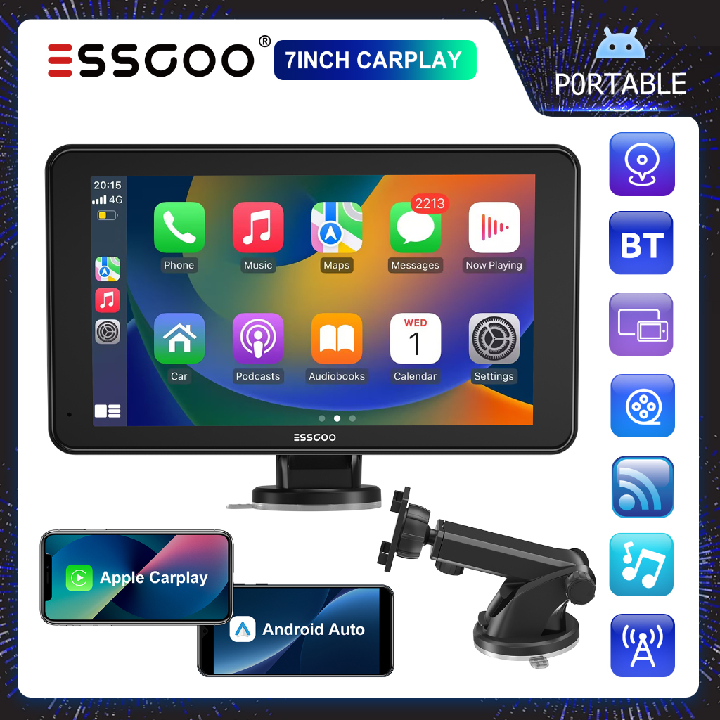ESSGOO Android Auto 7 Polegadas Portátil Android Carplay Rádio Carro FHD IPS Tela De Toque Espelho L