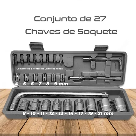 Kit Jogo De Ferramentas Soquetes 27 Peças Cromo V