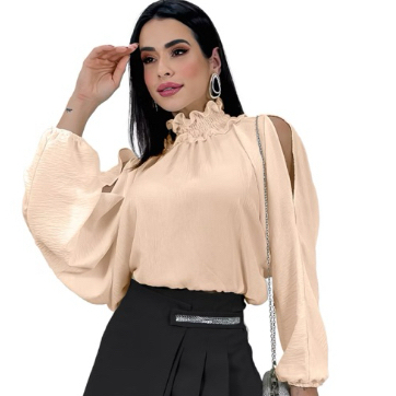 Blusas Bata Feminina Cropped Manga Bufante Gola Al
