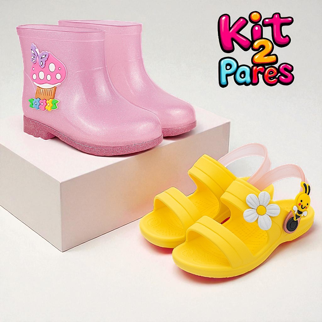 Kit 2 Pares Bota Galocha Infantil Menina e Sandália Babuche Leve Confortável Moda Casual Feminina An