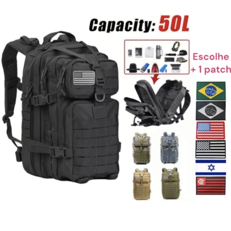 Mochila Tática Camping Militar 50 litros e 30 Litros Resistente + 1 patch