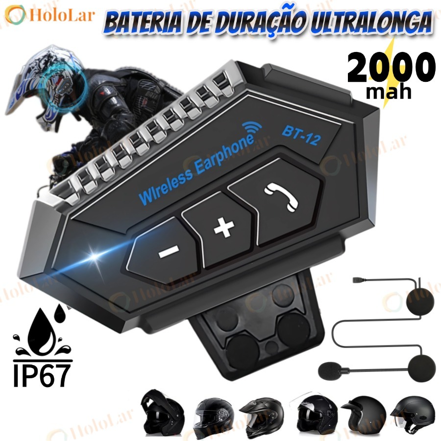 Fone de Ouvido Capacete Comunicador para Capacete BT12 Motocicleta Sem Fio Bluetooth 5.0 HL