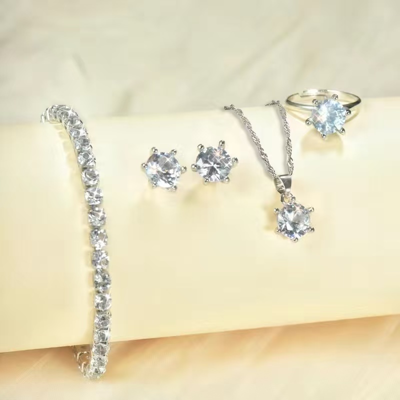 Conjunto De Joias De Pérola Elegante Para Mulheres Colar Brincos Pulseira Anel 4 Peças (Apenas Prata