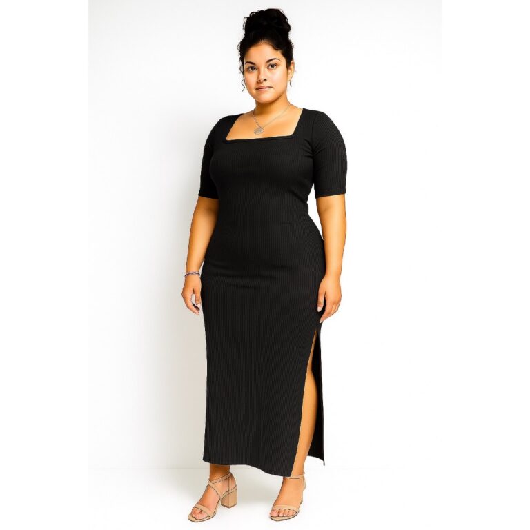 Vestido Longo Canelado com Fenda Lateral Feminino 