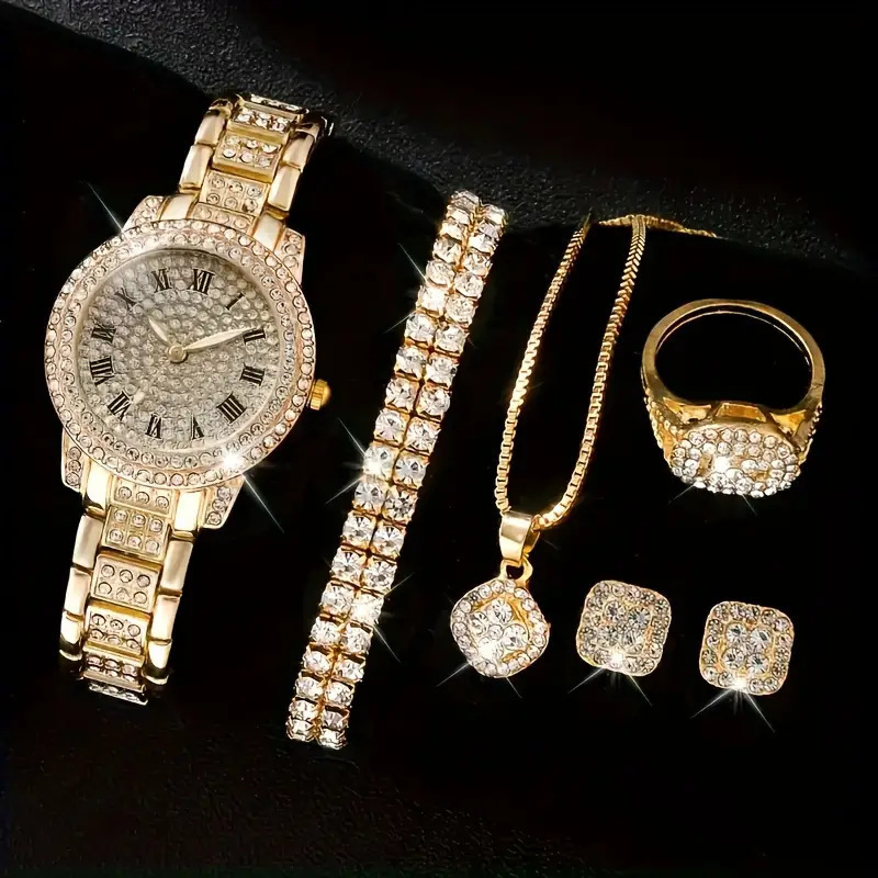Conjunto De Relógio De Quartzo Com Strass Feminino Luxuoso De 6 Peças-Pulso Analógico Fashion E Pres