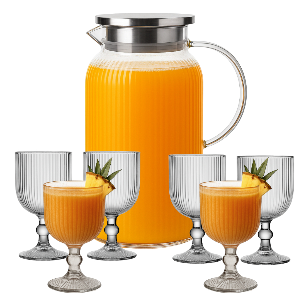 Conjunto Jogo 6 Taças Canelada 380ml Jarra Borossilicato 1,5l Vidro Listrada Sobremesa Buffet Bar Re