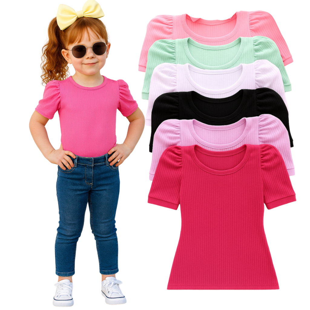 Kit 3 Blusinhas Infantis Femininas Manga Princesa Canelada Cores Variadas – Roupa Menina