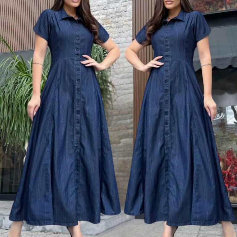 Vestido Jeans Longo Tecido Listrado Elastano Perfe