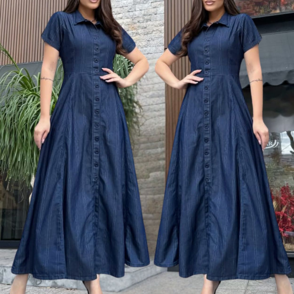 Vestido Jeans Longo Tecido Listrado Elastano Perfeito Botão Rodado Feminino Evangélica Cristã Gode