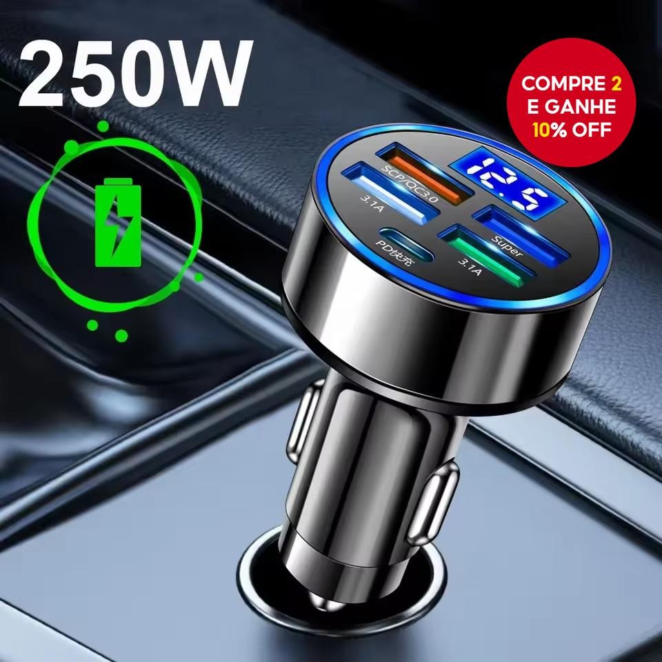 Carregador De Carro Pd 250w Usb Com Qc 30, Adaptador Type C Para Iphone, Xiaomi, Samsung, Huawei E O