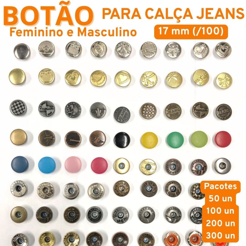Botões para Jeans 17 mm (/100) – Nacional – Pacote com 50, 100, 200 ou 300 unidades