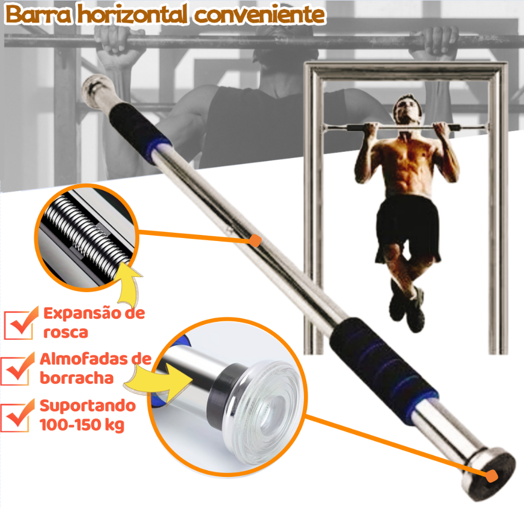 Barra Fixa Flexão Porta Apoio Regulável 64 a 100 Cm, com apoios de braços, pode suportar até 150 kg
