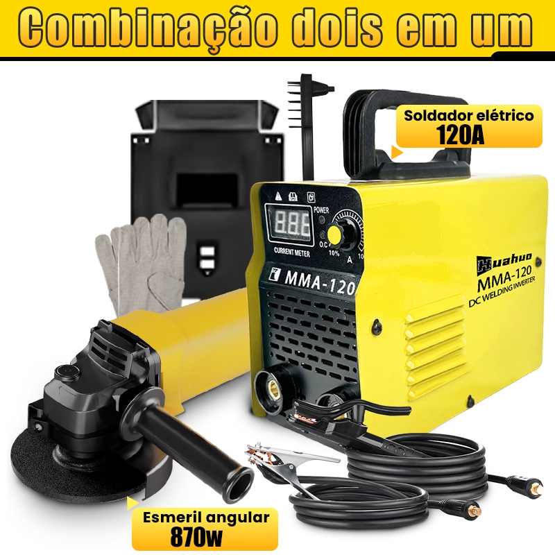 Conjunto 2 Em 1 MMA-200/120 Inversor Máquina De Solda Portátil + Rebarbadora Elétrica 870W Com Acess