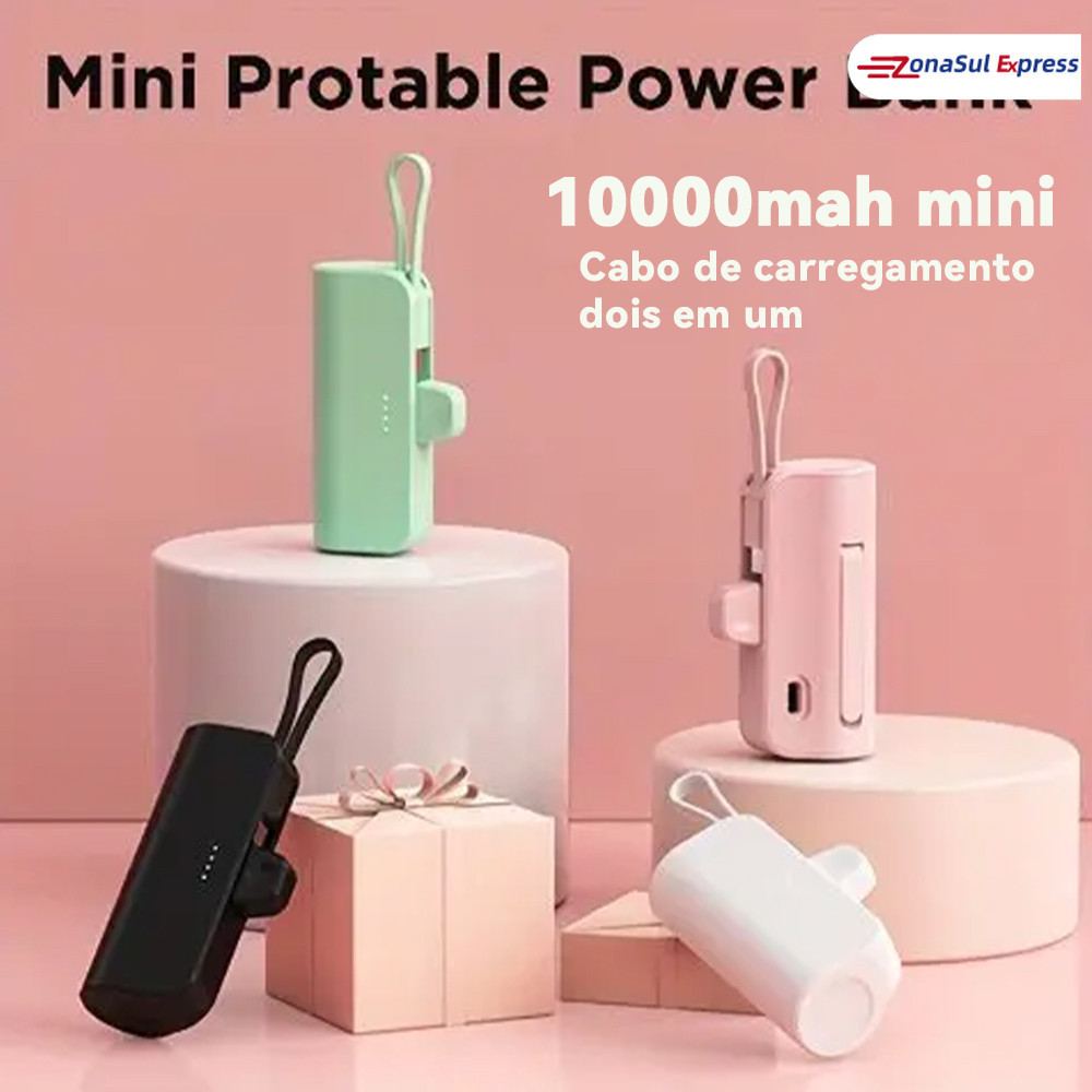 Power Bank Mini Sem Fio 2em1 – 10000mAh, Bateria Portátil para iPhone e Celulares com USB-C