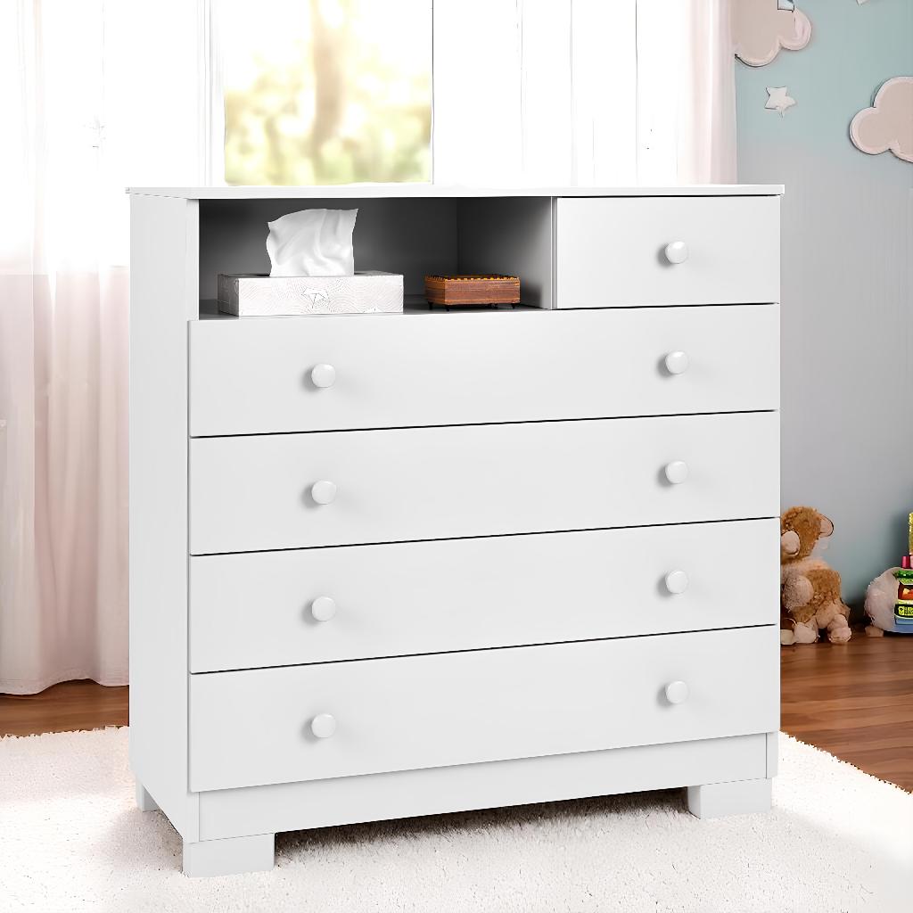 Cômoda Infantil Amora 5 Gavetas com Nicho MDF MDP para Quarto de Bebê e Infantil Moderna