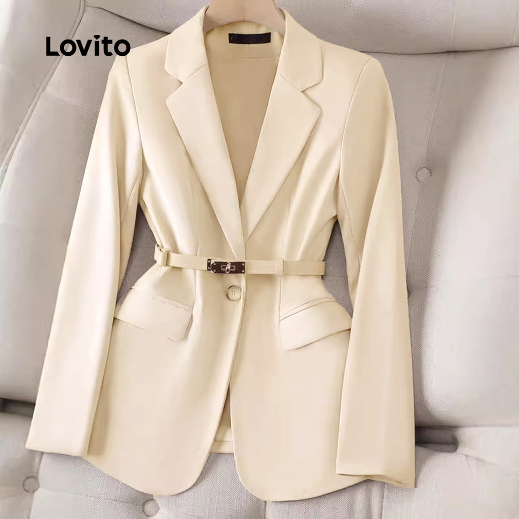 Lovito Blazer Elegante E Simples Com Bolso Falso, Primavera/verão, Branco-sujo, Para Mulheres LNL103