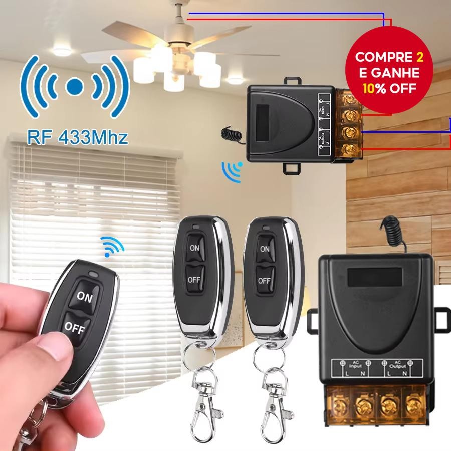 Interruptor Remoto Sem Fio 433mhz, Ac 110v/220v, Relé 30a, Controlador 1ch E Transmissor Rf 2 botões