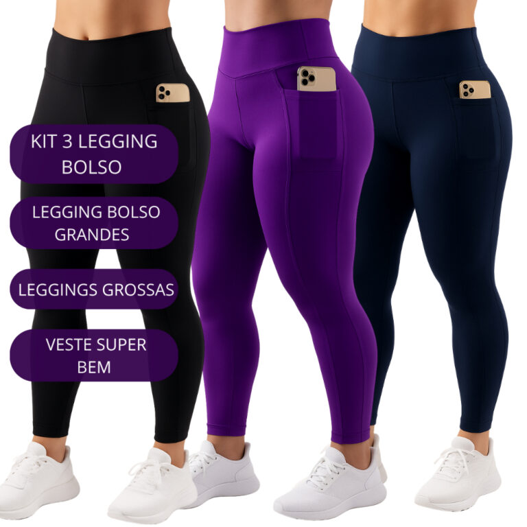 Kit 3 Calça Legging Feminina com Bolso Lateral Fi