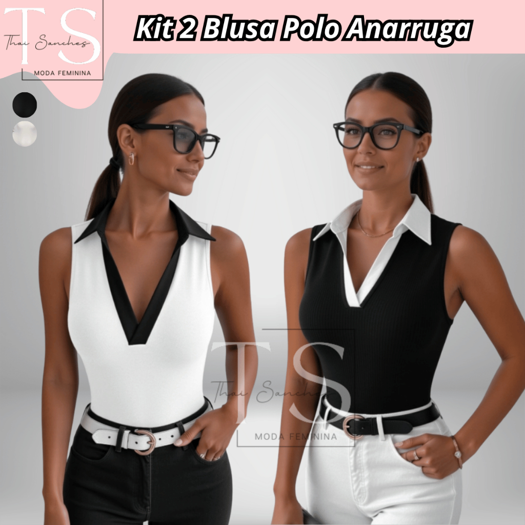 KIT 2 ou 1 BLUSA Feminina Polo Regata Bicolor Canelada Moda Social Básica Casual Estilosa Roupa Moda