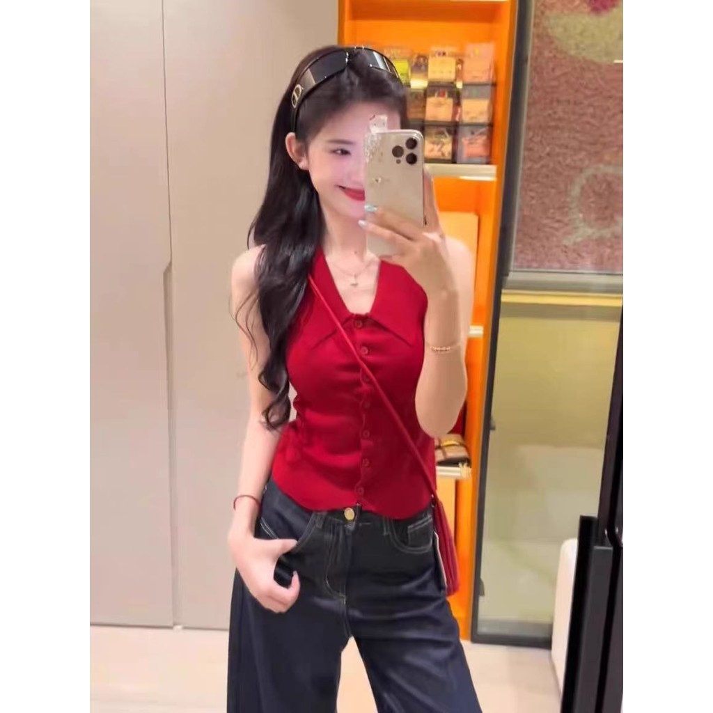 Gola polo francesa vermelho gelo seda malha colete feminino verão exterior wear magro-ajuste lapela