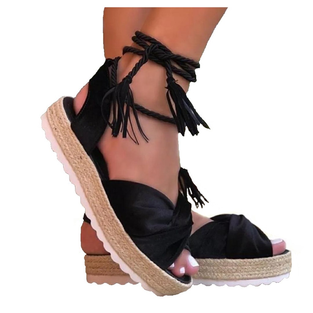 Sandália Amarrar Flatform Corda Anabela Tratorada Promoção