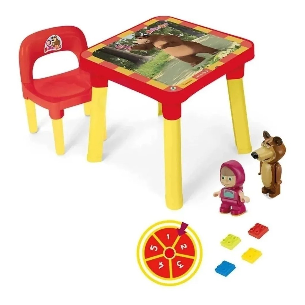 Kit Mesa Cadeirinha Infantil Masha E O Urso Boneco + Roleta
