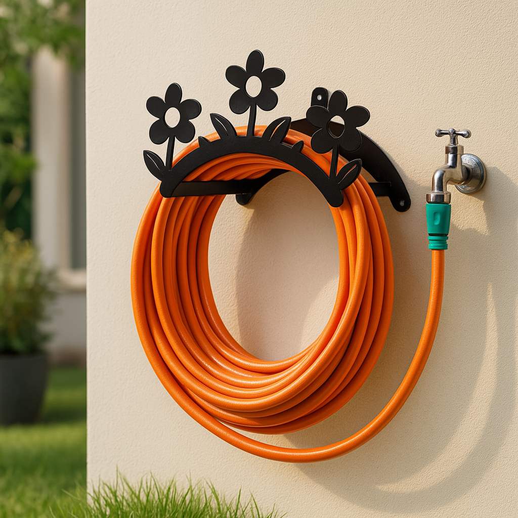 Suporte de Mangueira de Jardim em Aço Fixo na Parede  Design Decorativo com Flores modelo FLOR