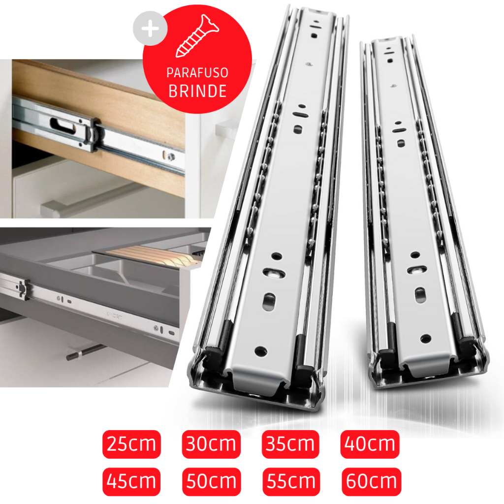 Corredica Telescopica Trilho Telescopico (LARGA REFORCADA) para Gavetas e moveis TODOS TAMANHOS MOVE