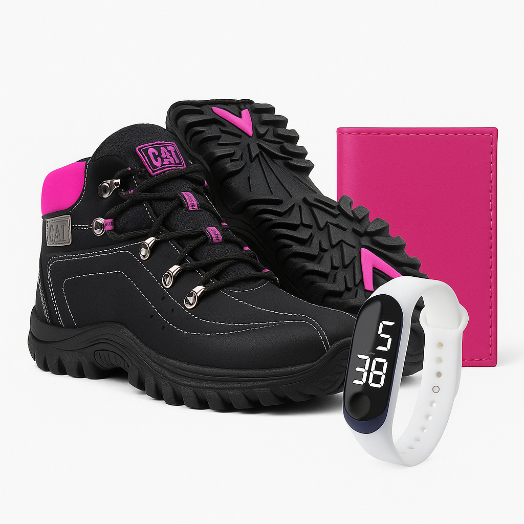 Bota Feminina  Adventure Couro + Carteira + Relogio + Chaveiro