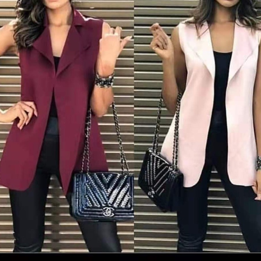 Colete Feminino Longo De Neoprene Moda Com Bolso Falso