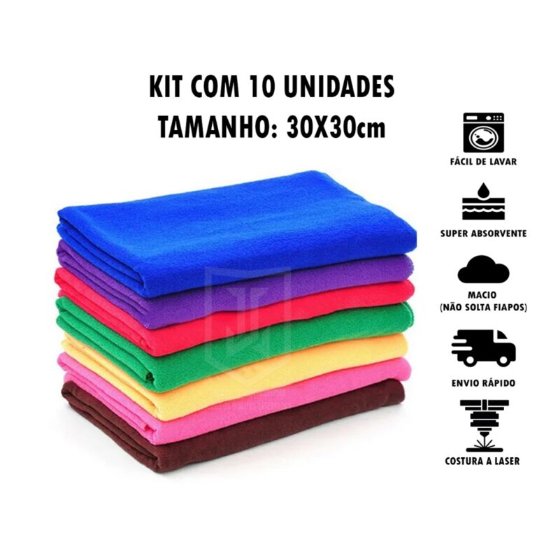 Kit 10 Panos de Microfibra 30x30cm para Limpeza Ge