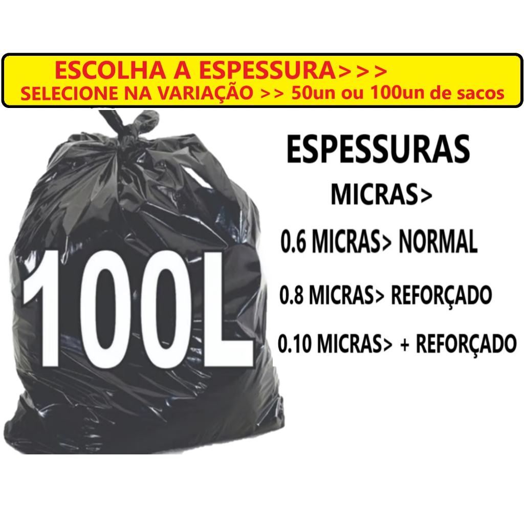 Saco de lixo 100 Litros reforçado com 100 ou 50 unidades 75x90cm