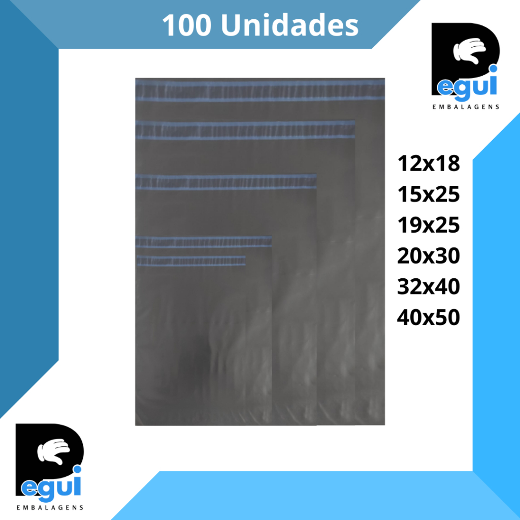 Kit 100 Envelope Segurança Plástico 12×18 15×25 19×25 20×30 26×36 32×40 40×50 Embalagem correio