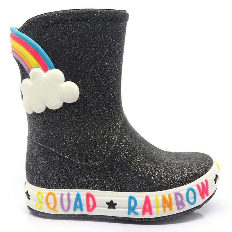 Galocha Bota Infantil Plugt Menina Confortável Leve Macio Nuvem Arco Iris Glitter Preto