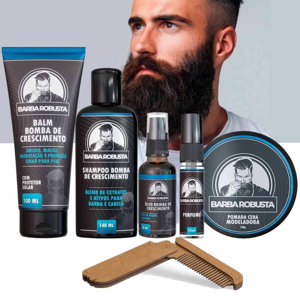 Kit Para Barba – Shampoo Balm Óleo Cera Perfume + Pente