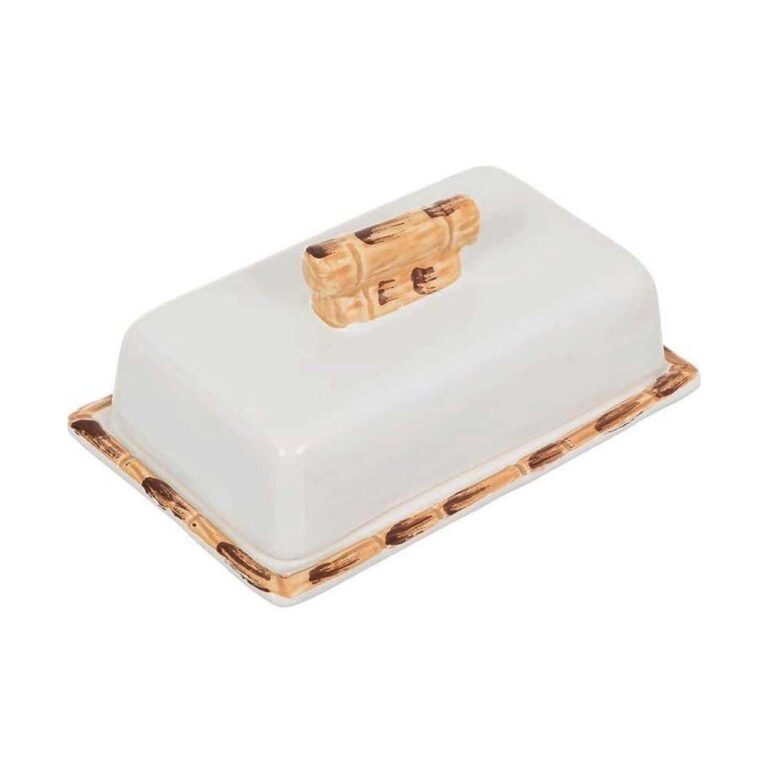 Manteigueira Branca de Cerâmica Borda Bambu com T