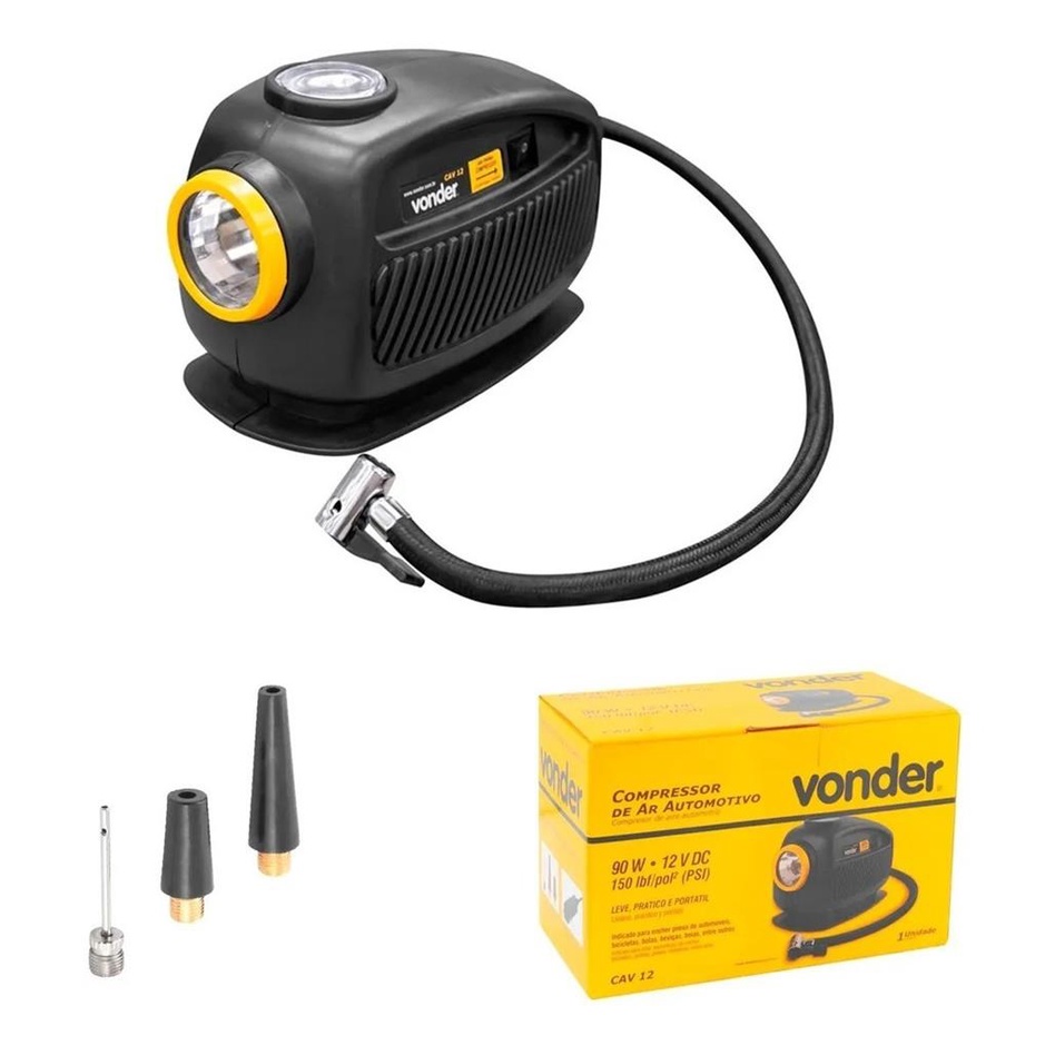 Compressor Ar Automotivo Portatil Cav12 90W Alimentação 12v com Manômetro e Lanterna de LED Vonder