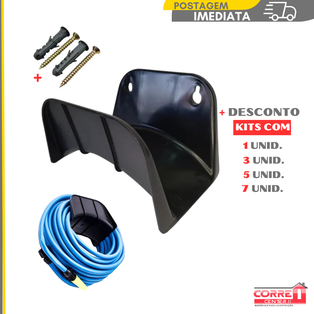 Suporte Mangueira Jardim Plastico Parede + Parafuso e Bucha – Preto Overtime