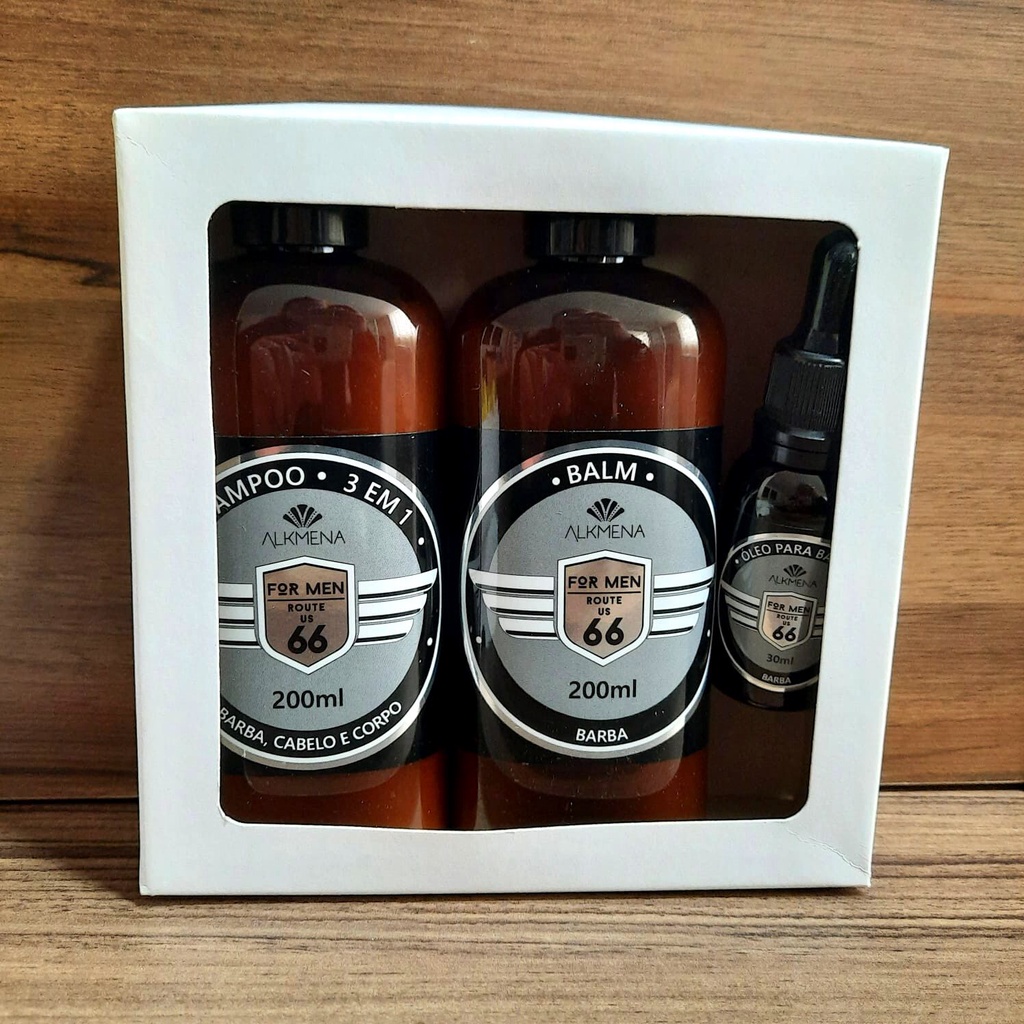 Kit Balm, Óleo para Barba e Shampoo 3×1 Route US 66 – Alkmena M-4