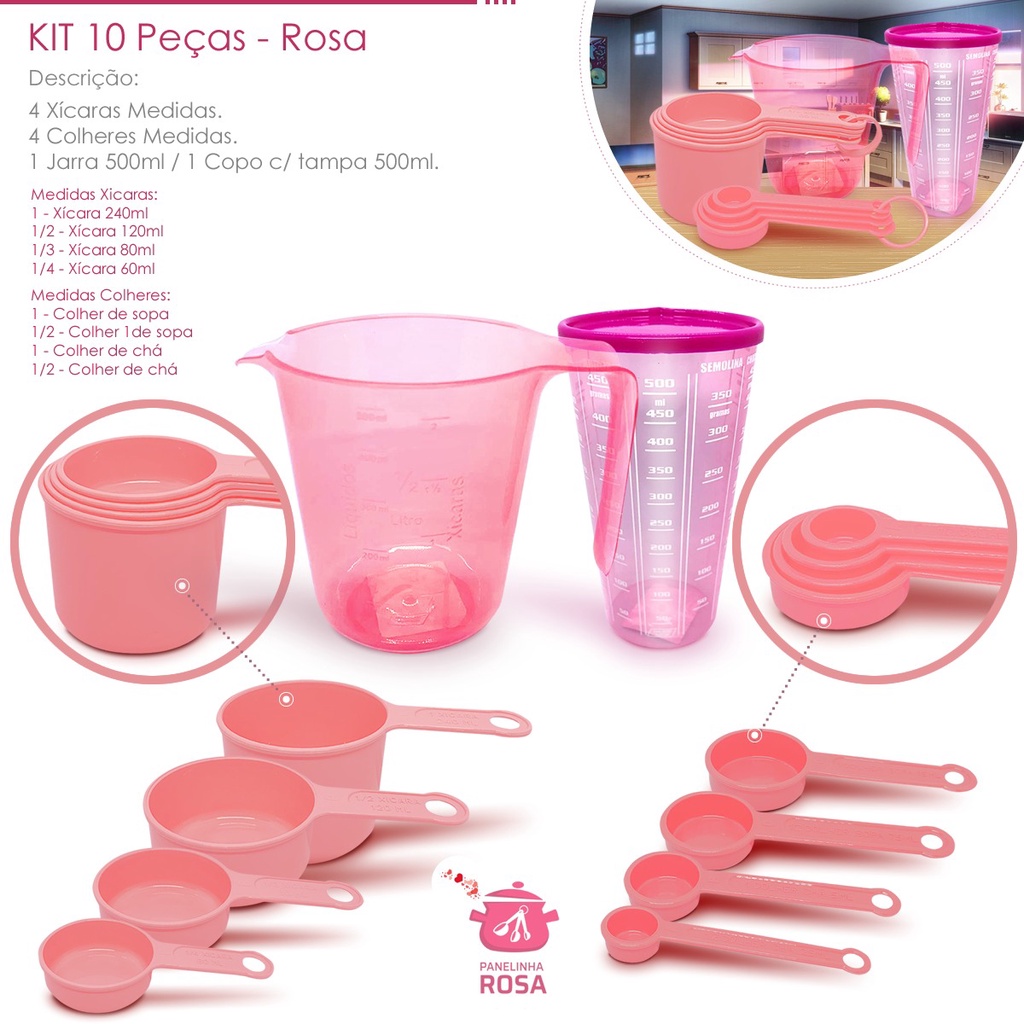 kit medidores 10 peças jarra de 500 ml copo de 500 ml com tampa xicara e colher  na cor rosa casa e