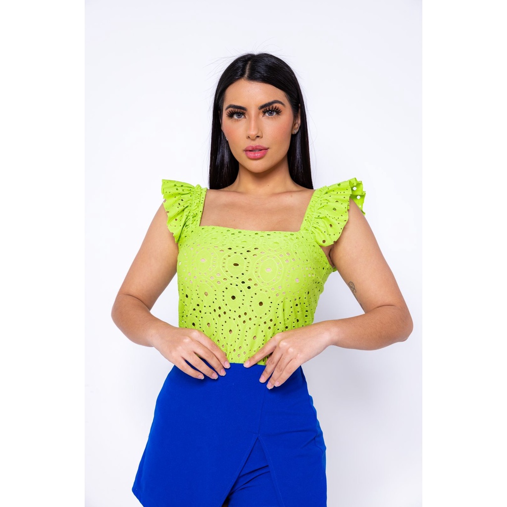 Blusa Feminina Alça Babado Malha Lese Laise Com Elastano