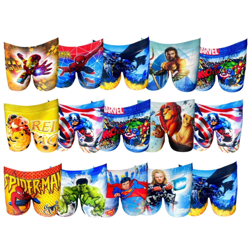 Kit 5 Ou 10 Cueca Infantil Sublimada Boxer Desenho Personagem Box Roupa Menino Cuequinha Criança