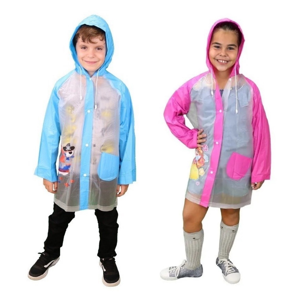 Capa de chuva infantil semi transparente com estampas menino menina com capuz e bolsos PVC