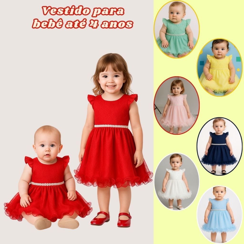 Vestido Recem Nascido à 4 Anos em Renda e Tulle Ideal Para Fotos Bebê MesVersário Batizado Natal