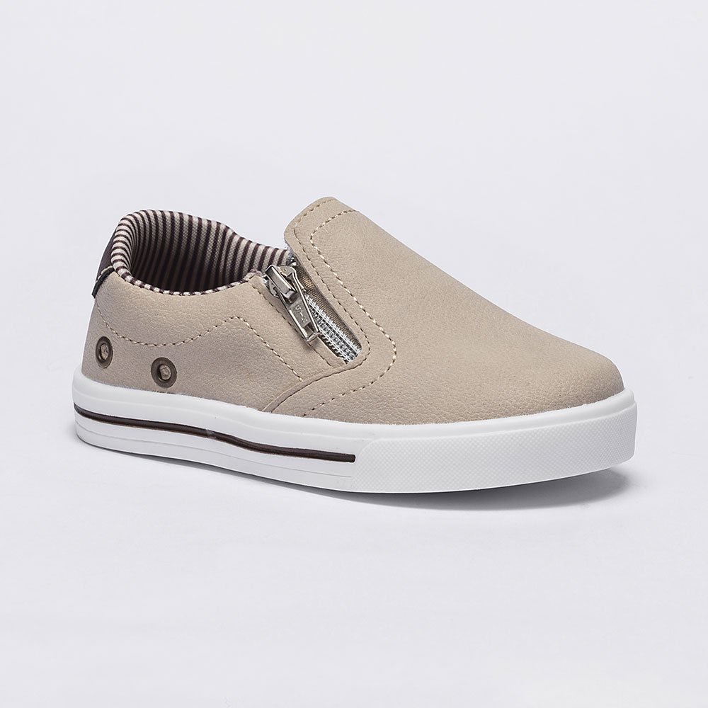 Sapatênis Infantil Masculino Bege com Zíper Slip On Iate Confortável Casual Escolar 22337 Pequito