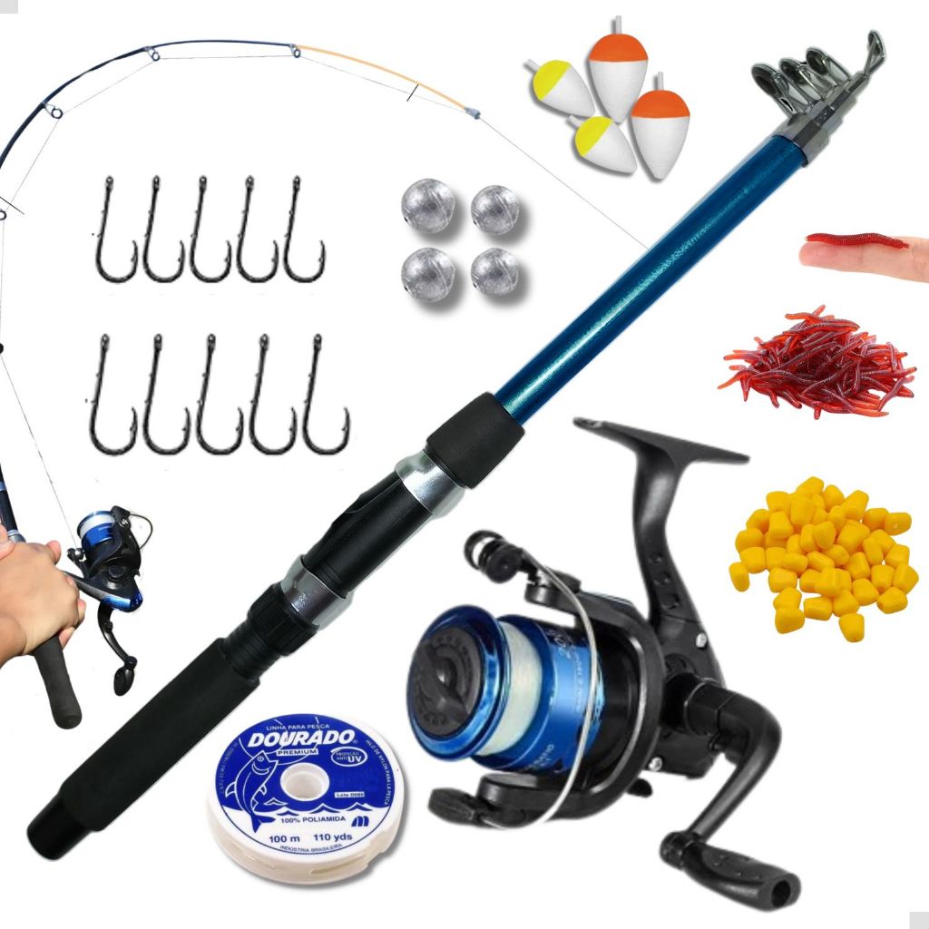 Kit De Pesca Completo 1 Vara Telescópica + 1 Molinete Com Linha – Acessórios Iscas, Anzóis, Chumbada