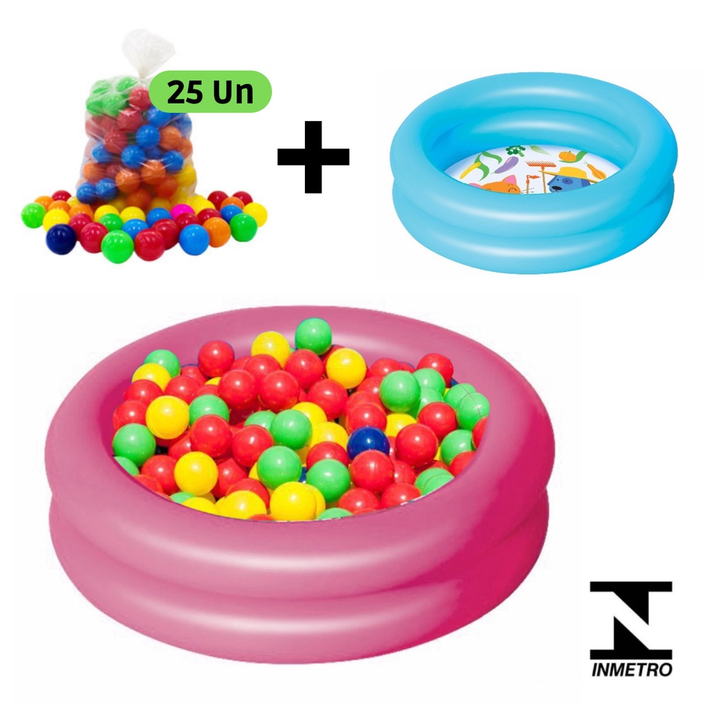 Piscina Inflável Infantil Redonda 60 Cm 21 Litros + 25 Bolinhas Coloridas Bebê Criança Rosa Azul Ama