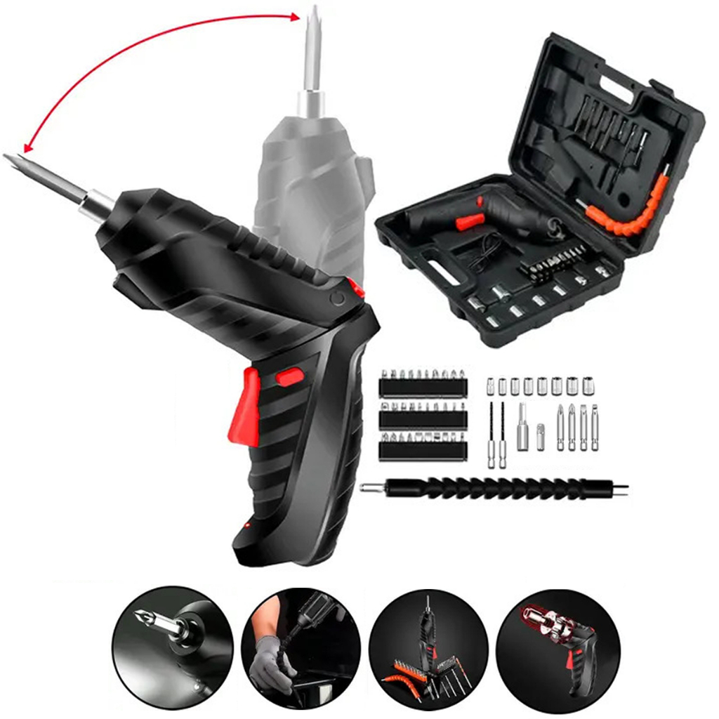 Parafusadeira e Furadeira Sem Fio à Bateria com Kit 48 Peças Carregamento USB Dupla Posição Bivolt